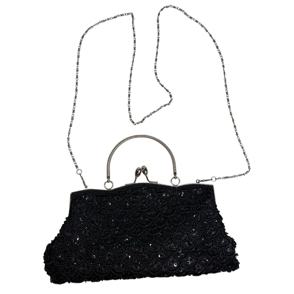 VTG MG Collection Black Beaded Silver Chain Kisslock Evening Clutch Bag Purse